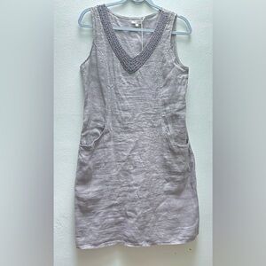 Linen Gray Dress with Beaded Neckline and Pockets